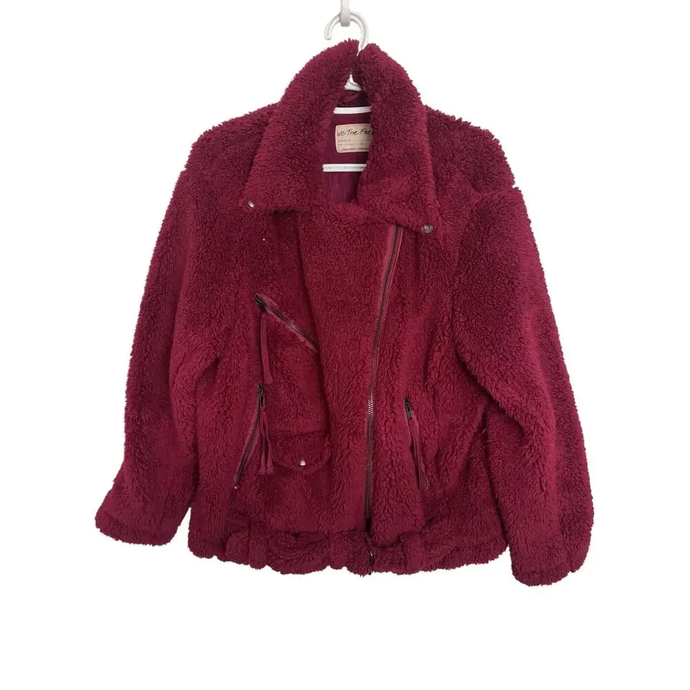 Free People We The Free So Cozy Slouch Moto Jacket Burgundy Oversized S
